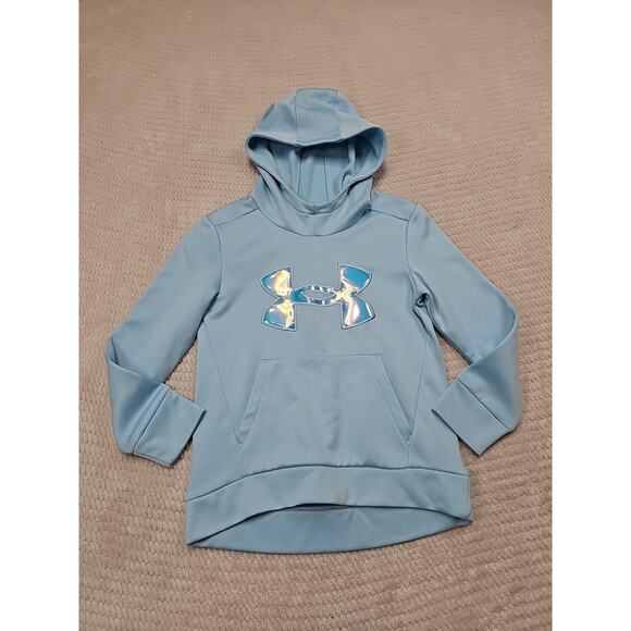 Under Armour Sweatshirt Girls Youth Small Blue Hooded Pullover Halographic Logo - Picture 1 of 7